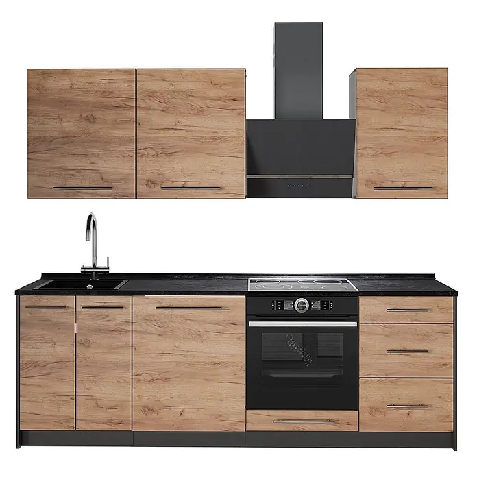 Vicco Küchenzeile Fame-Line, Goldkraft Eiche/Weiß, 230 cm -  - Moderne Küchenzeile mit Holzdekor-Schränken, schwarzer Arbeitsplatte, Spüle, Kochfeld, Backofen und Dunstabzugshaube.