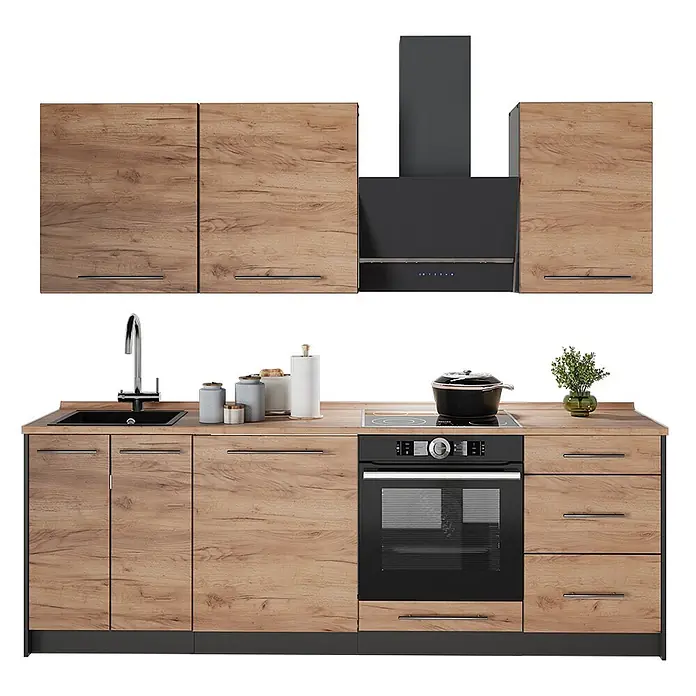 Vicco Küchenzeile Fame-Line, Goldkraft Eiche/Weiß, 230 cm -  - Moderne Küchenzeile mit Holzmaserung-Schränken, dunkelgrauer Arbeitsplatte, Spüle, Backofen, Kochfeld und Dunstabzugshaube.