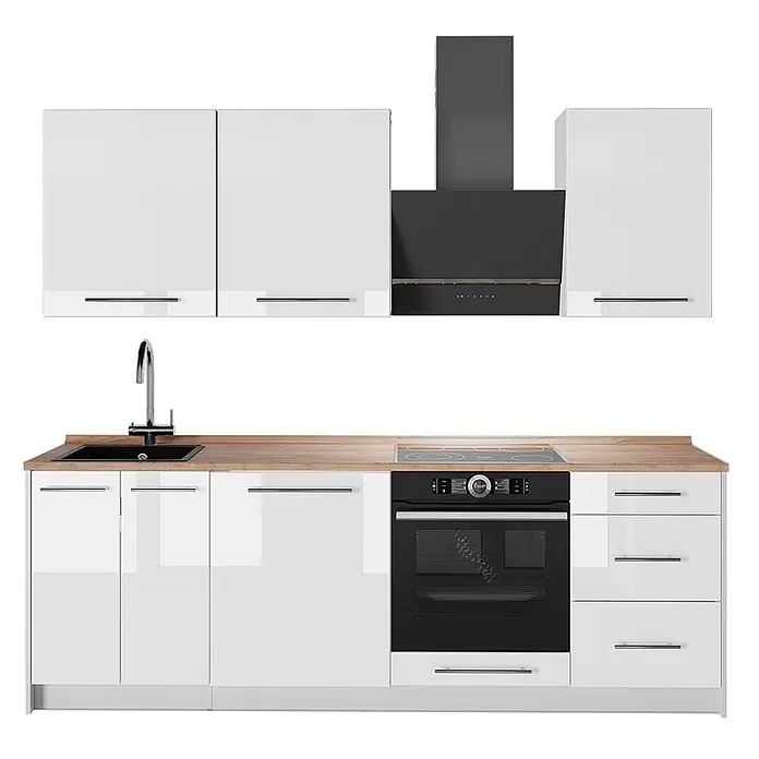 Vicco Küchenzeile Fame-Line, Weiß Hochglanz/Weiß, 230 cm -  - Moderne Küchenzeile mit weißen Hochglanzschränken, Holzplatte, schwarzem Spülbecken, Ofen, Kochfeld und Dunstabzugshaube.