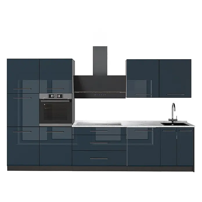 Vicco Küchenzeile - Breite: 340 cm, Dunkelblau Hochglanz, Ohne Elektrogeräte - Moderne dunkelblaue Hochglanz-Küchenzeile mit integriertem Backofen, Kochfeld, Spüle und Dunstabzugshaube.
