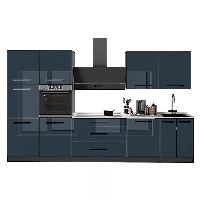Vicco Küchenzeile - Breite: 340 cm, Dunkelblau Hochglanz, Ohne Elektrogeräte - Moderne dunkelblaue Hochglanz-Küchenzeile mit integriertem Backofen, Kochfeld, Spüle und Dunstabzugshaube.