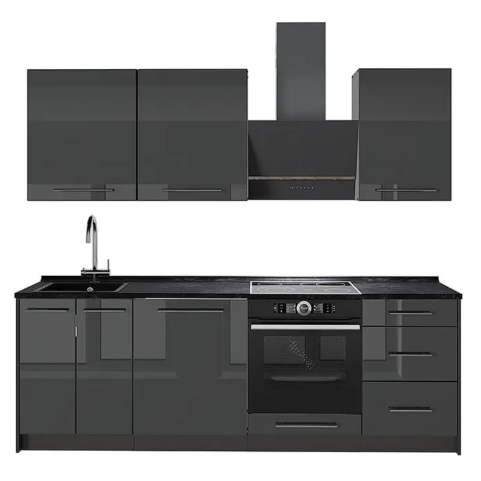 Vicco Küchenzeile - Breite: 230 cm, Anthrazit Hochglanz, Ohne Elektrogeräte - Moderne dunkelgraue Küchenzeile mit glänzenden Wandschränken, Spüle, integriertem Backofen, Kochfeld und passender Dunstabzugshaube.
