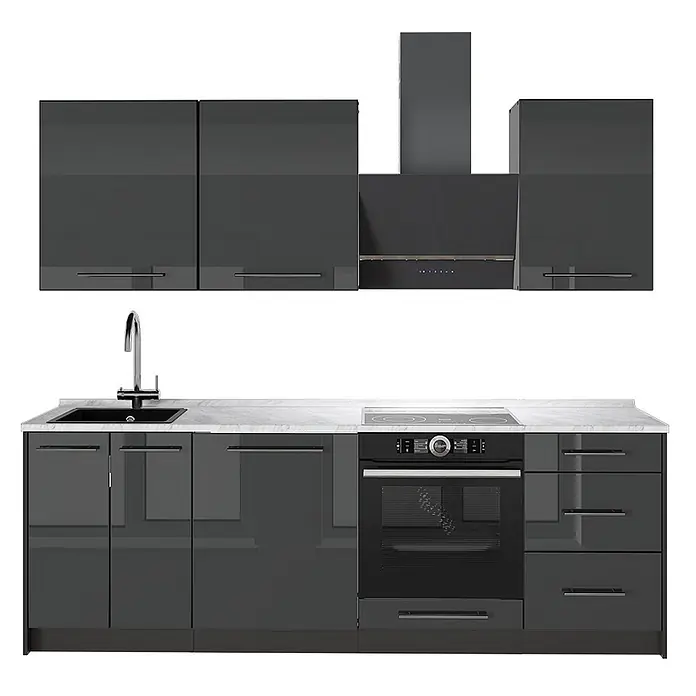 Vicco Küchenzeile Fame-Line, Anthrazit Hochglanz/Anthrazit, 230 cm -  - Moderne hochglänzende anthrazitfarbene Küchenzeile mit Ober- und Unterschränken, Spüle, Kochfeld, Backofen und Dunstabzugshaube.