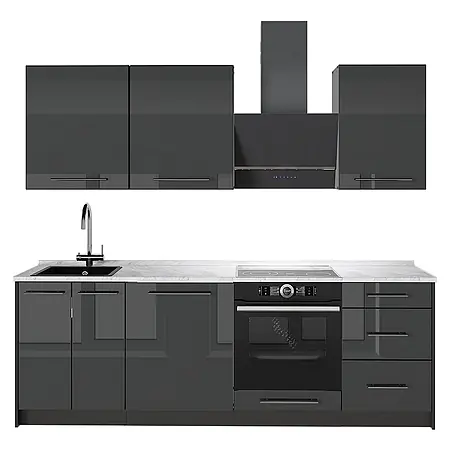 Vicco Küchenzeile Fame-Line, Anthrazit Hochglanz/Anthrazit, 230 cm