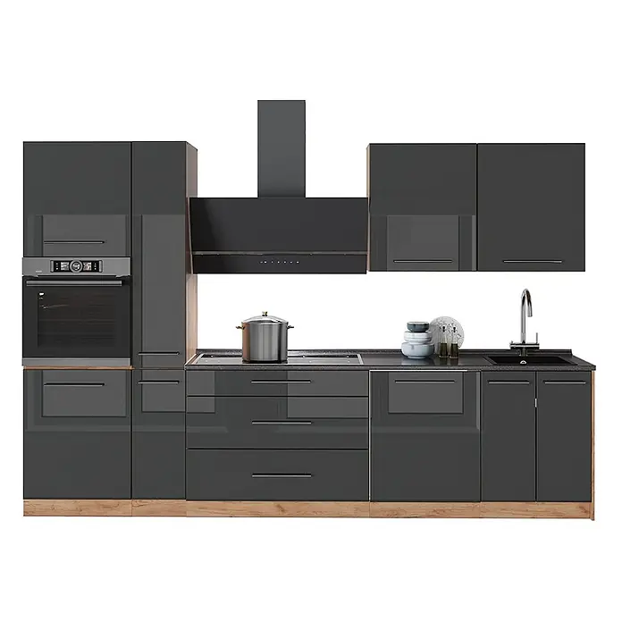 Vicco Küchenzeile - Breite: 310 cm, Anthrazit Hochglanz, Ohne Elektrogeräte - Moderne anthrazitfarbene Hochglanzküche mit integriertem Backofen, Kochfeld, Dunstabzugshaube und Spüle, mit Holzapplikationen.