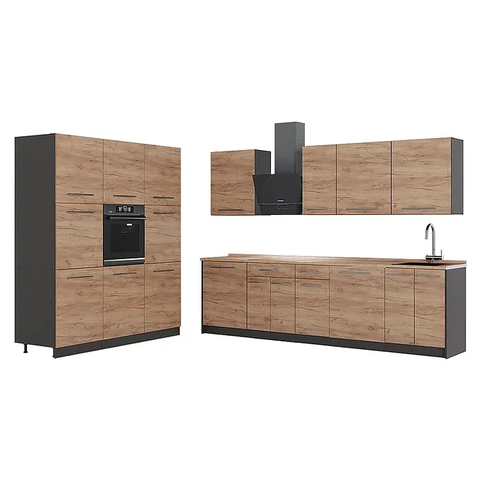 Küchenzeile Fame-Line 460 cm Goldkraft Eiche Art.-Nr. 63846 -  - Moderne Küchenzeile mit Holzdekorfronten und dunkelgrauen Elementen, inklusive Backofen, Kochfeld, Dunstabzug, Spüle und Wasserhahn.