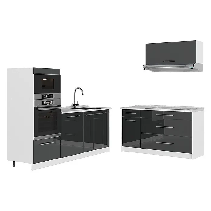 Vicco Küchenzeile - Breite: 340 cm, Anthrazit Hochglanz, Ohne Elektrogeräte - Moderne Modulküche mit hochglänzenden dunkelgrauen Schränken, weißen Arbeitsplatten, integriertem Ofen, Mikrowelle, Spüle, Herd und Dunstabzugshaube.