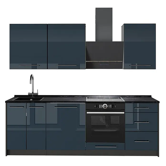 Vicco Küchenzeile Fame-Line, Dunkelblau Hochglanz/Anthrazit, 230 cm -  - Glänzende, dunkelblaue Küchenzeile mit Ober- und Unterschränken, schwarzer Arbeitsplatte, Spüle, Elektroherd, Backofen und Dunstabzugshaube.