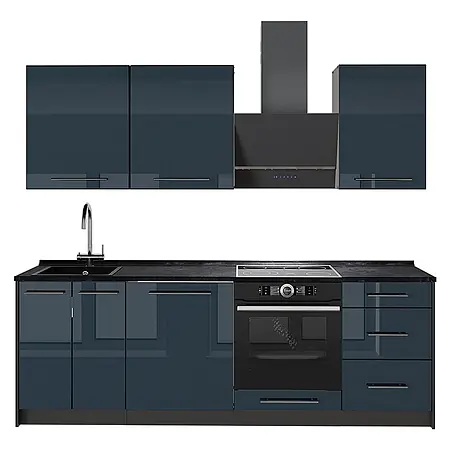 Vicco Küchenzeile Fame-Line, Dunkelblau Hochglanz/Anthrazit, 230 cm
