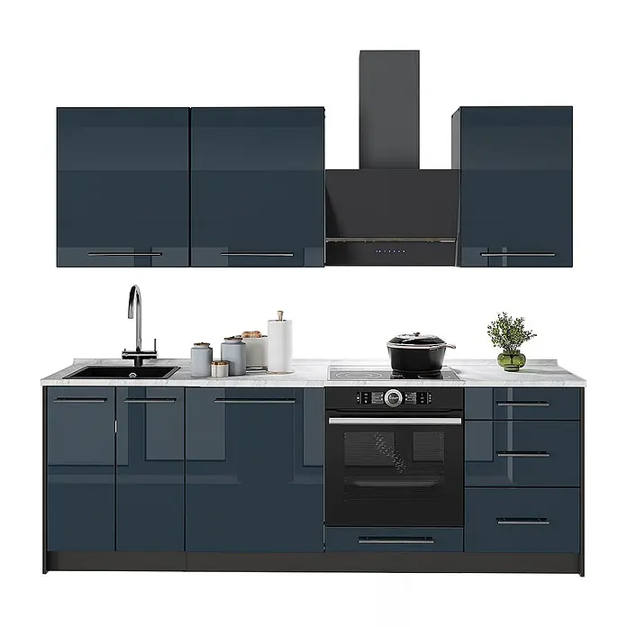 Vicco Küchenzeile Fame-Line, Dunkelblau Hochglanz/Anthrazit, 230 cm -  - Moderne dunkelblaue Hochglanz-Küchenzeile mit integriertem Backofen, Kochfeld, Spüle und Hängeschränken, mit weißer Marmor-Arbeitsplatte.