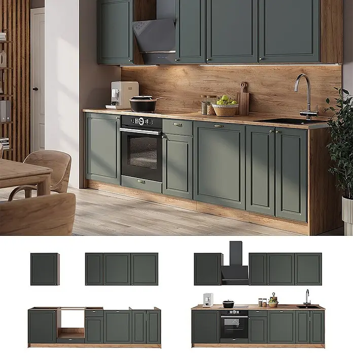 Vicco Küchenzeile - Breite: 280 cm, Grün-Gold Landhaus, Ohne Elektrogeräte - Modulare Küchenzeile mit dunkelgrünen Schränken, einer Arbeitsplatte in Holzoptik und integrierten Geräten.