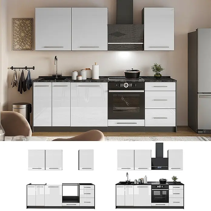 Vicco Küchenzeile - Breite: 230 cm, Weiß Hochglanz, Ohne Elektrogeräte - Moderne Hochglanz-Küchenzeile in Weiß mit dunkler Arbeitsplatte und integrierten Geräten.