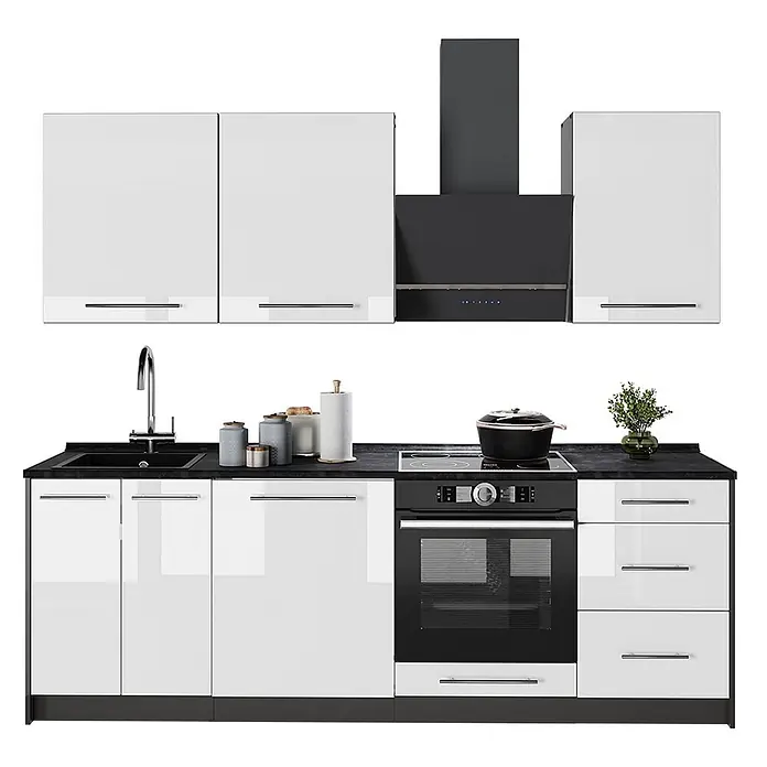 Vicco Küchenzeile - Breite: 230 cm, Weiß Hochglanz, Ohne Elektrogeräte - Moderne Modulküche mit weißen Hochglanzschränken, schwarzer Arbeitsplatte, Spüle und integrierten schwarzen Geräten (Kochfeld, Backofen, Dunstabzugshaube).