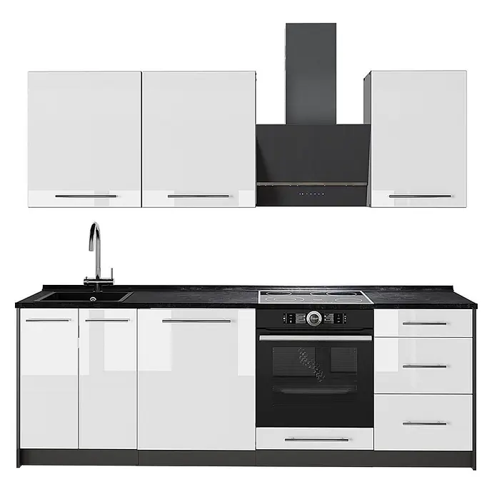 Vicco Küchenzeile - Breite: 230 cm, Weiß Hochglanz, Ohne Elektrogeräte - Moderne Küchenzeile mit hochglanzweißen Schränken, schwarzer Arbeitsplatte, Spüle und integrierten schwarzen Geräten.