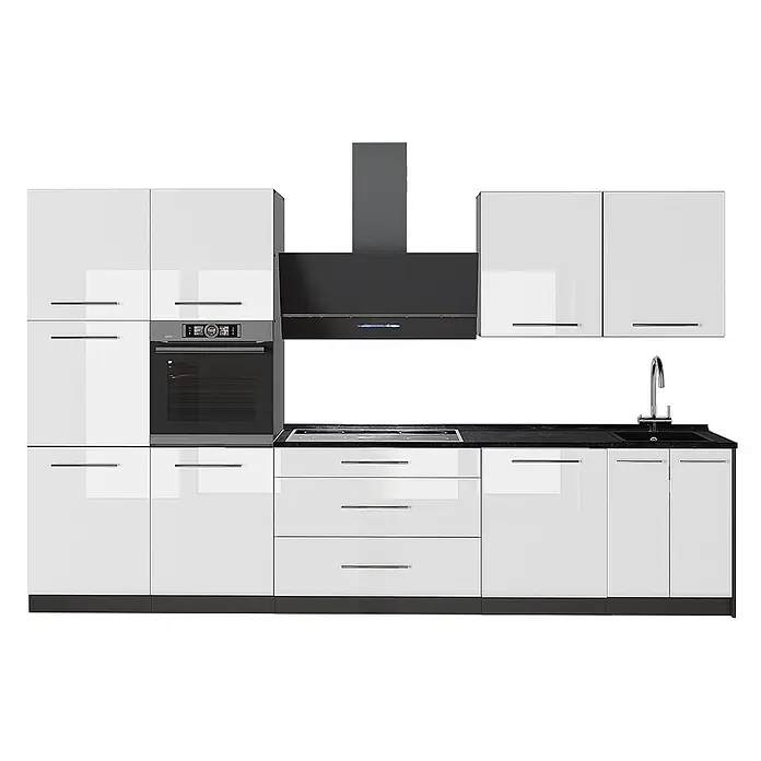 Küchenzeile Fame-Line 340 cm Weiß Hochglanz Art.-Nr. 64576 -  - Moderne, glänzende weiße Küche mit schwarzer Arbeitsplatte, integriertem Backofen, Kochfeld, Dunstabzugshaube und Spüle.