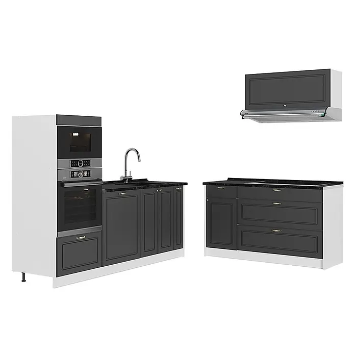 Vicco Küchenzeile - Breite: 340 cm, Anthrazit-Gold Landhaus, Ohne Elektrogeräte - Moderne dunkelgraue Küchenzeile mit integriertem Backofen, Mikrowelle und Spüle, klassischen Schrankfronten und schwarzer Arbeitsplatte.