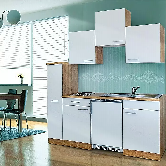 Respekta Cocina compacta Luis - Ancho: 180 cm, Blanco, Color del cuerpo: Marrón, Placa de cocina y frigorífico - Mueble de cocina compacto con armarios blancos y detalles efecto madera clara, fregadero, vitrocerámica y nevera integrada.