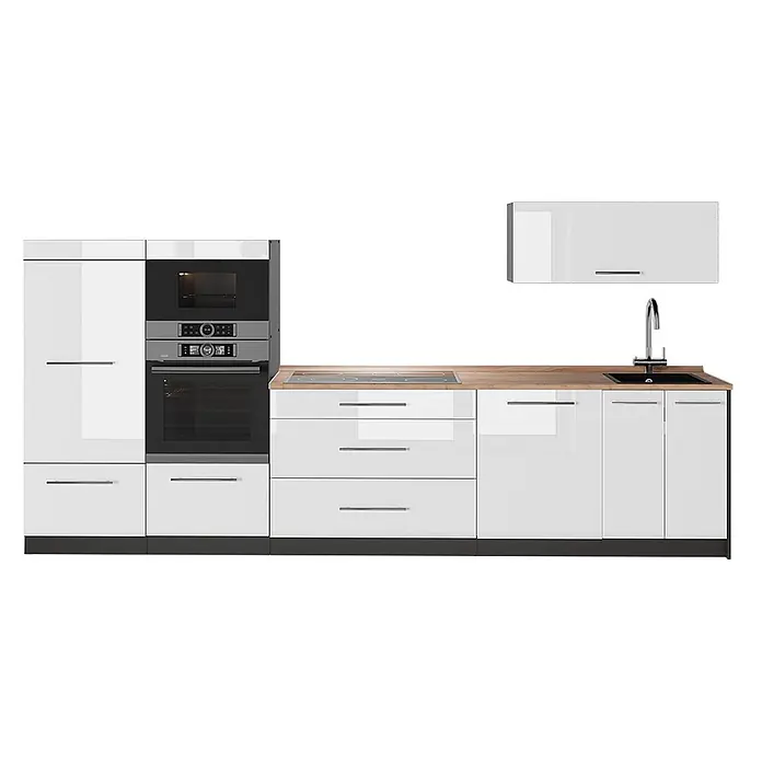 Küchenzeile Fame-Line 340 cm Weiß Hochglanz Art.-Nr. 64495 -  - Moderne Küchenzeile mit hochglänzenden weißen Schränken, Holzplatte, Einbaugeräten (Ofen, Mikrowelle, Kochfeld) und schwarzer Spüle.
