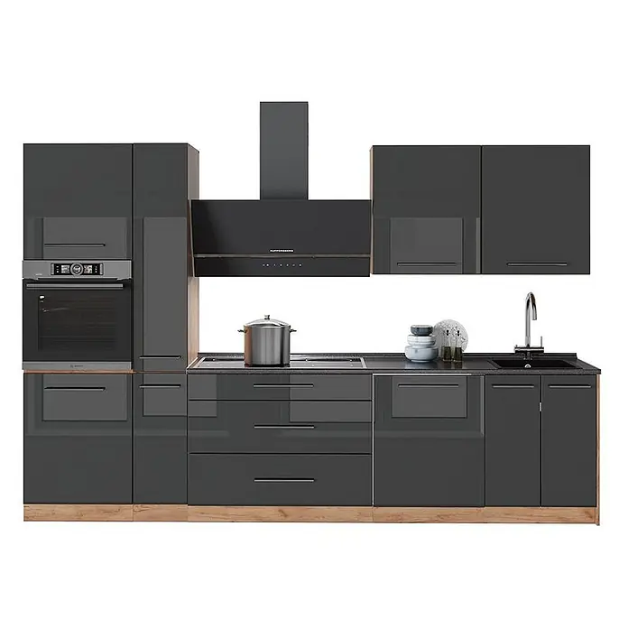 Vicco Küchenzeile - Breite: 310 cm, Anthrazit Hochglanz, Ohne Elektrogeräte - Moderne dunkelgraue Hochglanz-Küchenzeile mit integriertem Backofen, Kochfeld, Spüle und Holzakzenten, mit mehreren Schränken und Schubladen.