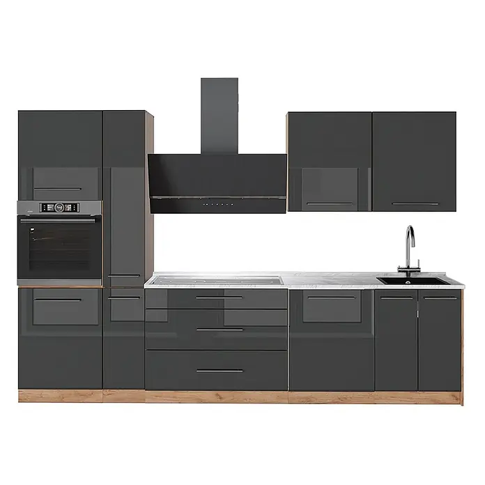 Vicco Küchenzeile - Breite: 310 cm, Anthrazit Hochglanz, Ohne Elektrogeräte - Moderne Küchenzeile in glänzendem Dunkelgrau mit Holzsockel, weißer Arbeitsplatte und integrierten Geräten.