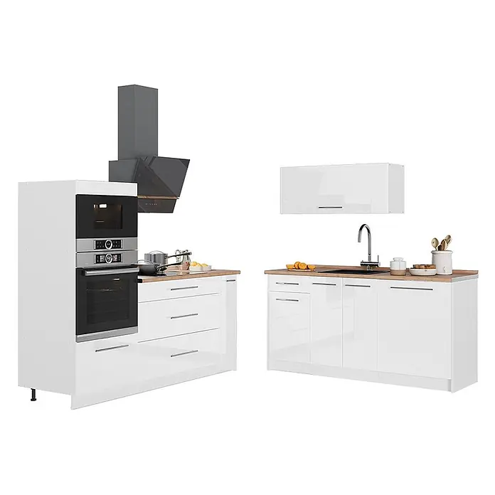 Küchenzeile Fame-Line 340 cm Weiß Hochglanz Art.-Nr. 63745 -  - Weiße Hochglanz-Modulküche mit Holzarbeitsplatten, integriertem Backofen, Mikrowelle, Kochfeld, Dunstabzugshaube und Spüle.