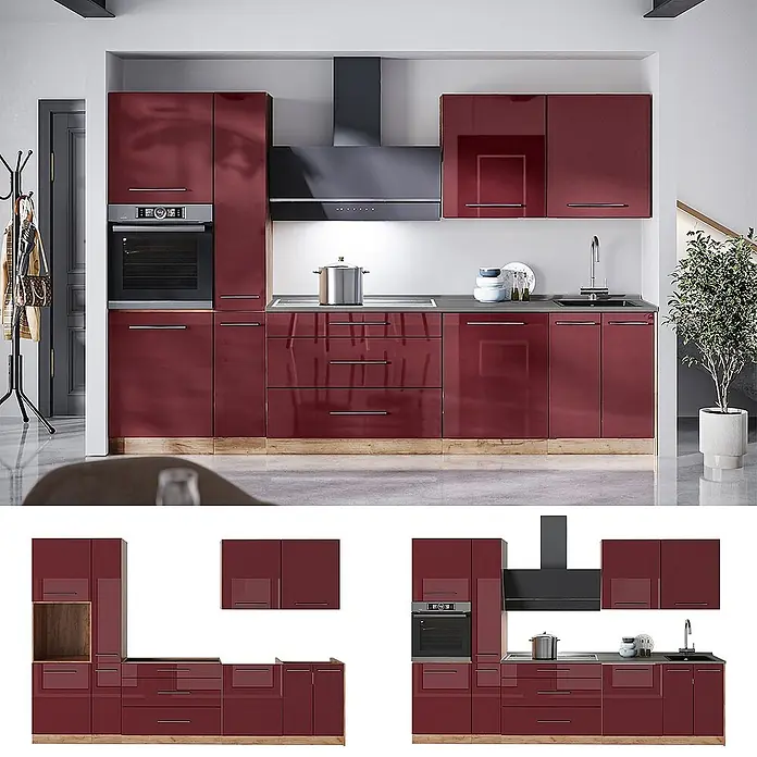 Vicco Küchenzeile - Breite: 310 cm, Bordeaux Hochglanz, Ohne Elektrogeräte - Glänzende, bordeauxrote Modulküche mit integriertem Backofen, Kochfeld, Spüle und Dunstabzugshaube, mit Holzsockel.