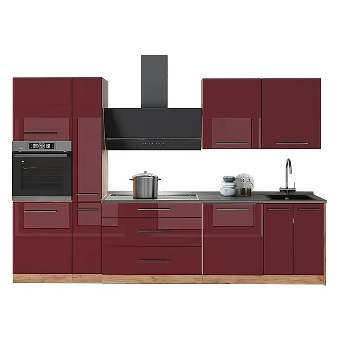 Vicco Küchenzeile - Breite: 310 cm, Bordeaux Hochglanz, Ohne Elektrogeräte - Glänzende bordeauxrote Einbauküche mit integriertem Backofen, Kochfeld, Dunstabzugshaube und Spüle.