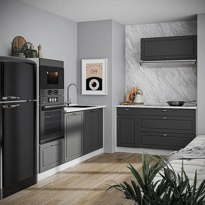 Vicco Küchenzeile - Breite: 340 cm, Anthrazit-Gold Landhaus, Ohne Elektrogeräte - Moderne Küche: dunkelgraue Schränke, schwarzer Ofen/Mikrowelle, weiße Arbeitsplatte, schwarzer Retro-Kühlschrank.