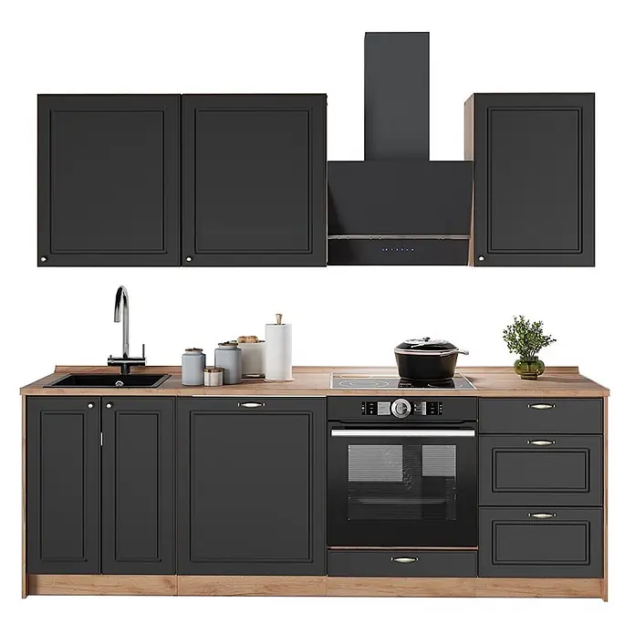 Vicco Küchenzeile Fame-Line, Anthrazit-Gold Landhaus/Eiche, 230 cm -  - Moderne dunkelgraue Küchenzeile mit Holzoptik-Arbeitsplatte, Spüle, Kochfeld, Backofen und Dunstabzugshaube.