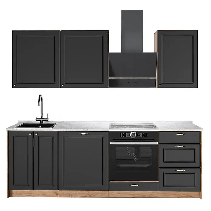 Vicco Küchenzeile Fame-Line, Anthrazit-Gold Landhaus/Eiche, 230 cm -  - Dunkelgraue Küchenzeile mit hellem Holzsockel, weißer Arbeitsplatte, Spüle, Backofen, Kochfeld und Dunstabzugshaube.