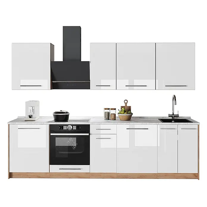 Küchenzeile Fame-Line 280 cm Weiß Hochglanz Art.-Nr. 64210 -  - Moderne Hochglanz-Einbauküche in Weiß mit schwarzen Geräten, Marmor-Arbeitsplatte und Holzsockel.