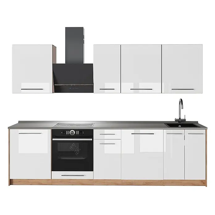 Küchenzeile Fame-Line 280 cm Weiß Hochglanz Art.-Nr. 64210 -  - Moderne modulare Küchenzeile mit weißen Hochglanzschränken, dunkelgrauen Geräten, grauer Arbeitsplatte und hellem Holzsockel.