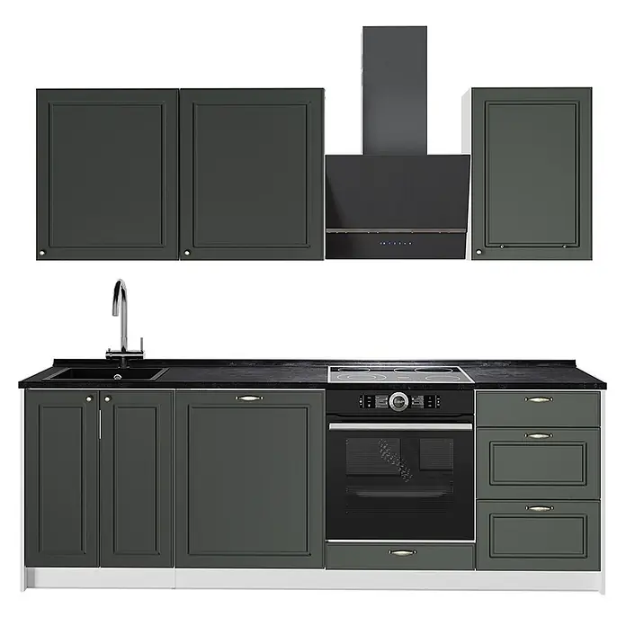 Vicco Küchenzeile Fame-Line, Grün-Gold Landhaus/Weiß, 230 cm -  - Dunkelgraue Küchenzeile mit schwarzer Arbeitsplatte, Spüle, Kochfeld, Backofen und Dunstabzugshaube.