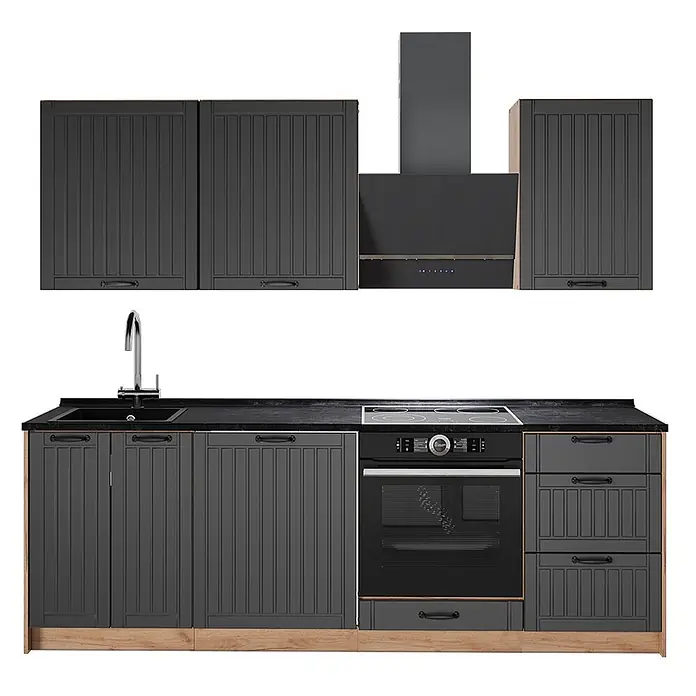 Vicco Küchenzeile Fame-Line, Dunkelgrau/Goldkraft Eiche, 230 cm -  - Dunkelgraue Küchenzeile mit Holzsockel, schwarzer Arbeitsplatte, Spüle, Backofen, Kochfeld und passender Dunstabzugshaube.