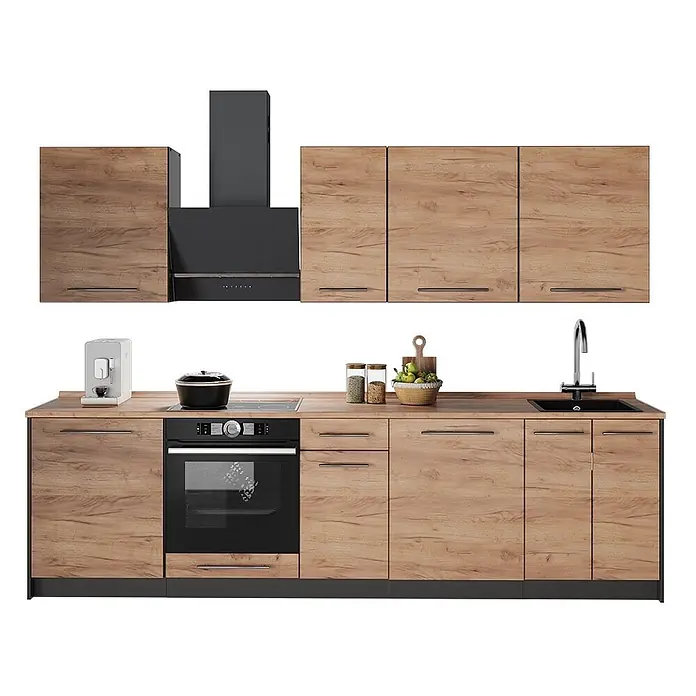 Vicco Küchenzeile - Breite: 280 cm, Goldkraft Eiche, Ohne Elektrogeräte - Moderne Küchenzeile mit hellen Holzfronten, dunkler Arbeitsplatte, schwarzem Backofen, Kochfeld, Spüle und Dunstabzugshaube.