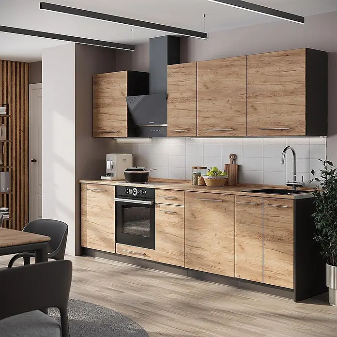 Vicco Küchenzeile - Breite: 280 cm, Goldkraft Eiche, Ohne Elektrogeräte - Moderne Küche mit hellen Holzdekorfronten und schwarzen Elementen, komplett mit Geräten und Spüle.