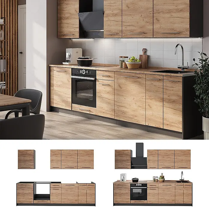 Vicco Küchenzeile - Breite: 280 cm, Goldkraft Eiche, Ohne Elektrogeräte - Modulares Küchenschrank-Set in heller Holzoptik mit dunklen Akzenten und integrierten Geräten.