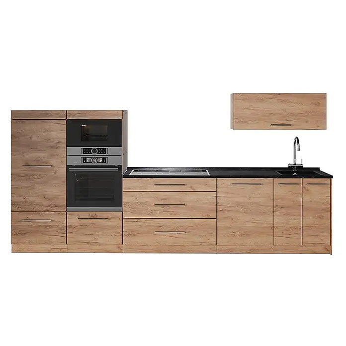 Küchenzeile Fame-Line 340 cm Goldkraft Eiche Art.-Nr. 64509 -  - Modulare Küchenzeile mit hellen Holzmaserungsschränken, dunkler Arbeitsplatte, integriertem Backofen, Mikrowelle, Kochfeld und Spüle.