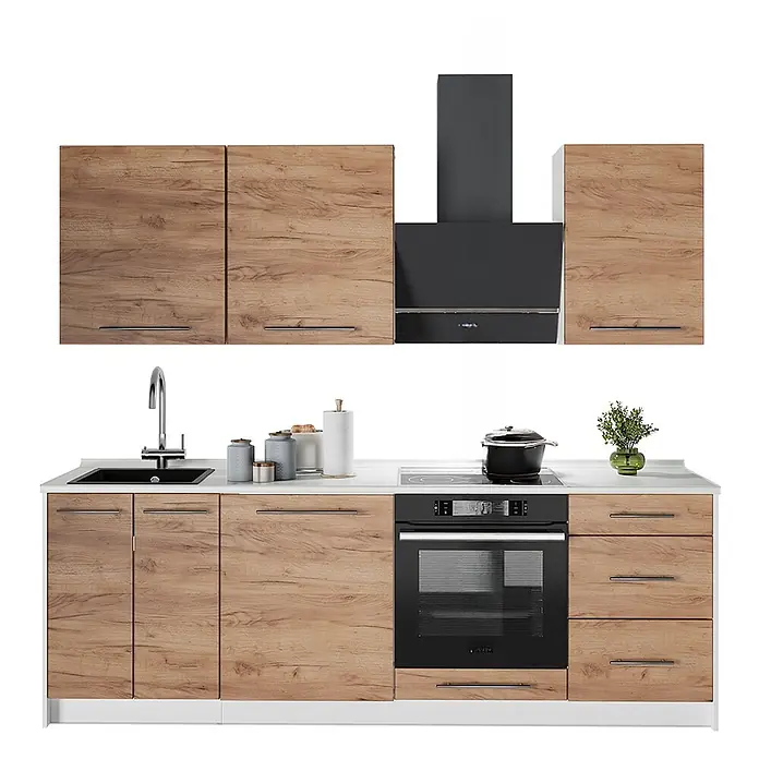 Vicco Küchenzeile Fame-Line, Goldkraft Eiche/Weiß, 230 cm -  - Moderne Küchenzeile mit Holzoptik-Schränken, weißer Arbeitsplatte, schwarzer Spüle, Backofen, Kochfeld und Dunstabzugshaube.