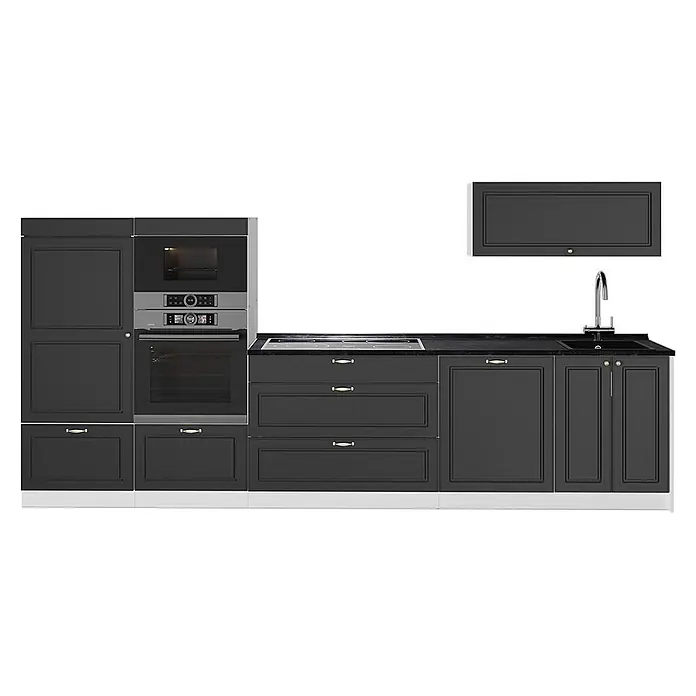 Vicco Küchenzeile - Breite: 340 cm, Anthrazit-Gold Landhaus, Ohne Elektrogeräte - Dunkelgraue moderne Küchenschränke mit integriertem Backofen, Mikrowelle, Kochfeld und Spüle, mit goldenen Griffen.