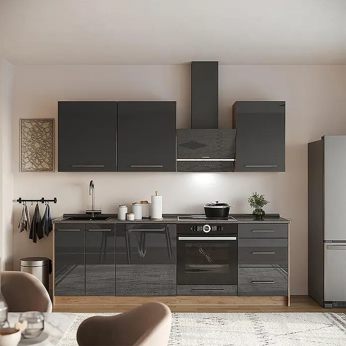 Vicco Küchenzeile - Breite: 230 cm, Anthrazit Hochglanz, Ohne Elektrogeräte - Moderne hochglänzende dunkelgraue Küchenzeile mit grauer Arbeitsplatte und integrierten Geräten.
