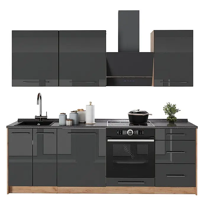 Vicco Küchenzeile - Breite: 230 cm, Anthrazit Hochglanz, Ohne Elektrogeräte - Moderne dunkelgraue Hochglanzküchenzeile mit schwarzer Arbeitsplatte, Spüle, Backofen, Kochfeld und Dunstabzugshaube auf hellem Holzsockel.