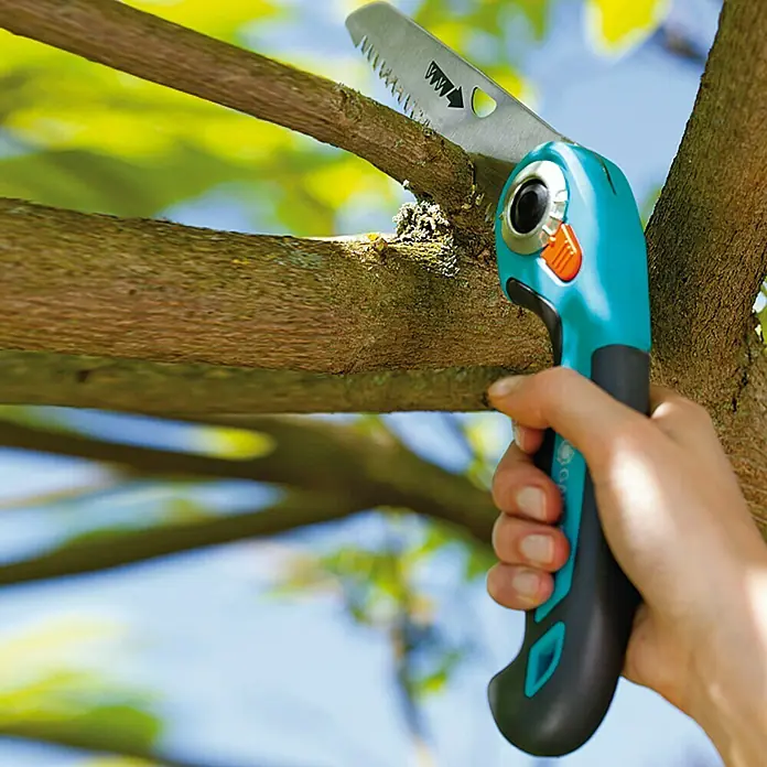 Gardena Garten-Klappsäge 135P - 13,5 cm - Eine Hand bedient eine Astsäge mit blau-schwarzem Griff, um einen Ast in einem Baum zu schneiden.