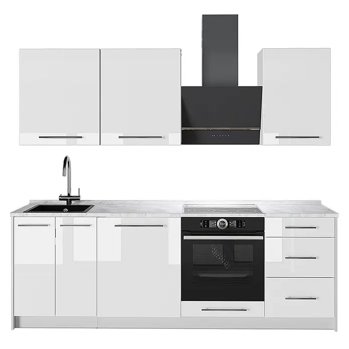 Vicco Küchenzeile Fame-Line, Weiß Hochglanz/Weiß, 230 cm -  - Weiße Hochglanz-Modulküche mit schwarzer Spüle, Kochfeld, Backofen und Dunstabzugshaube, heller Arbeitsplatte.