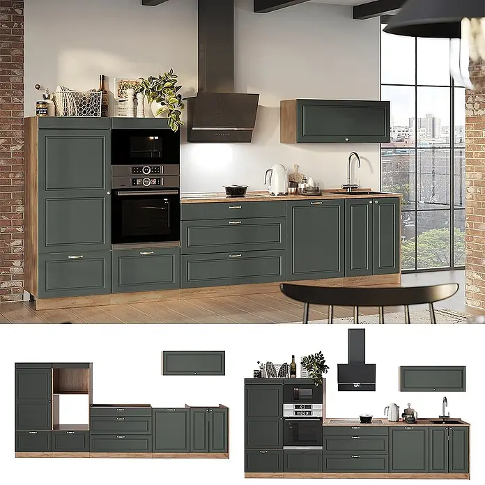 Vicco Küchenzeile - Breite: 340 cm, Grün-Gold Landhaus, Ohne Elektrogeräte - Moderne dunkelgrüne Küche mit Holzakzenten, mit integriertem Backofen, Mikrowelle, Kochfeld, Spüle und Dunstabzugshaube.