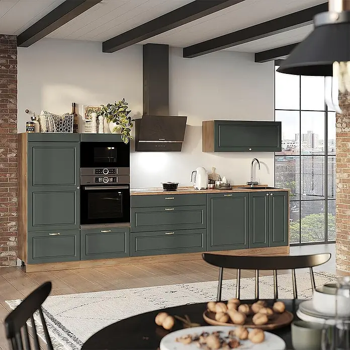 Vicco Küchenzeile - Breite: 340 cm, Grün-Gold Landhaus, Ohne Elektrogeräte - Moderne dunkelgraue Küche mit Arbeitsplatten in Holzoptik und Einbaugeräten.