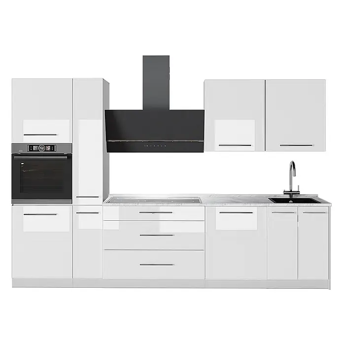 Vicco Küchenzeile - Breite: 310 cm, Weiß Hochglanz, Ohne Elektrogeräte - Weiße, glänzende Modulküche mit integriertem Backofen, Kochfeld, Spüle und Dunstabzugshaube.