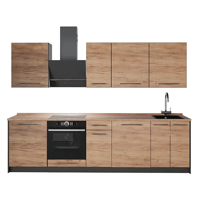 Küchenzeile Fame-Line 280 cm Goldkraft Eiche Art.-Nr. 64161 -  - Moderne Küchenzeile mit Holzdekor-Schränken, schwarzen Geräten (Ofen, Kochfeld, Dunstabzug) und schwarzem Spülbecken mit Chromarmatur.