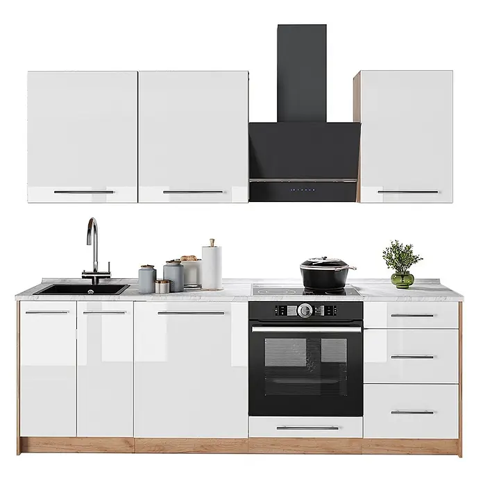 Vicco Küchenzeile - Breite: 230 cm, Weiß Hochglanz, Ohne Elektrogeräte - Moderne Küchenzeile mit hochglanzweißen Schränken, Holzsockel, schwarzer Spüle, Backofen, Kochfeld und Dunstabzugshaube.