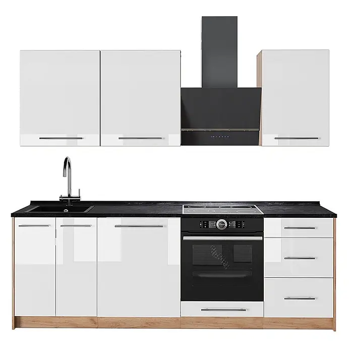 Vicco Küchenzeile - Breite: 230 cm, Weiß Hochglanz, Ohne Elektrogeräte - Moderne, weiße Hochglanz-Modulküche mit schwarzer Arbeitsplatte, integriertem Kochfeld, Backofen, Spüle und Dunstabzugshaube.